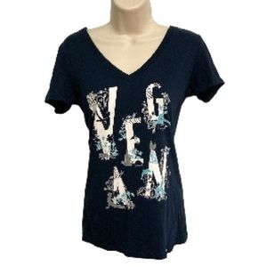 VEGAN Redefine Your Mind Activewear Blue V neck T shirt with VEGAN Graphic Small